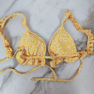 Tahiti Swim Yellow White Ruffle Trim Triangle String Bikini Top, Sz L